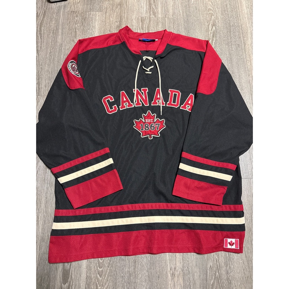 Teepee Sports Canada Hockey Jersey Mens 2XL Black Red Lace Up Embroidered 1867